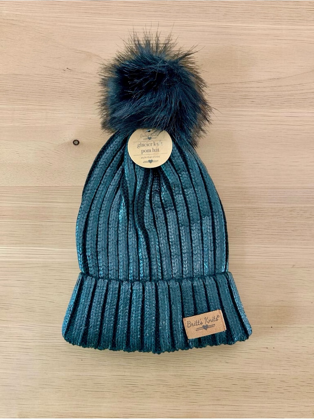 NWT Britt's Knits Black Glacier Metallic Ribbed Knit Fur Pom Hat Beanie